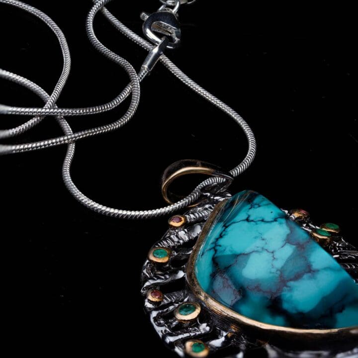Turquoise Pendant With Emeralds and Rare Orange Sapphires // Sterling Silver and 14K Gold - Image 2