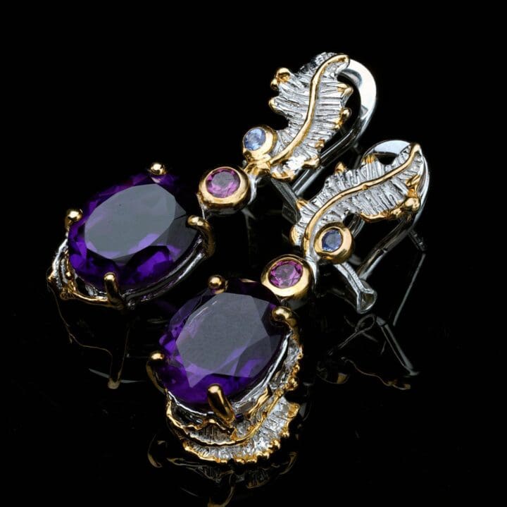 Amethyst, Rhodolite, and Tanzanite Drop Earrings // Sterling Silver and Gold Leaf - Image 4