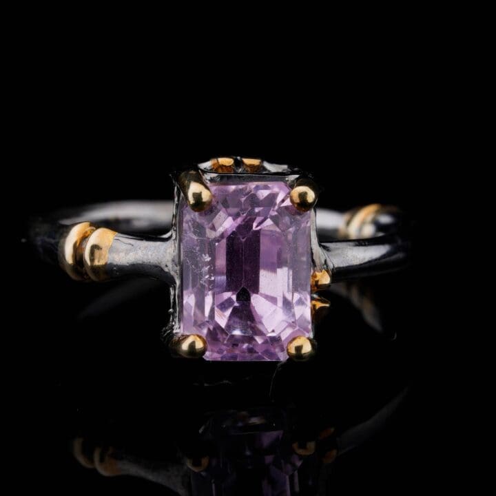 Emerald-Cut Pink Kunzite Ring // Sterling Silver With Gold Accents