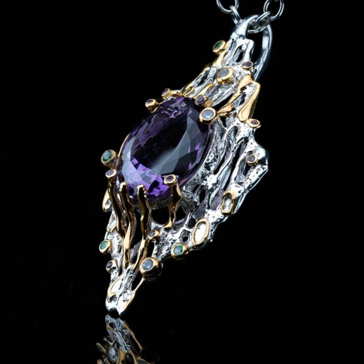 27 Carat Oval Cut Amethyst & Multi-Gemstone Pendant // Sterling Silver & 14K Gold - Image 6