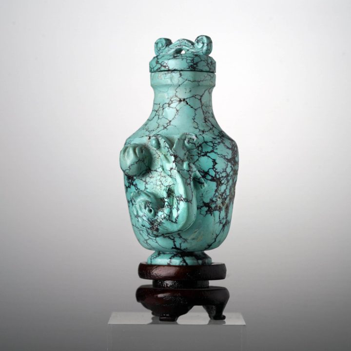 Hand‑Carved Turquoise Bottle with Custom Wood Base - Image 3