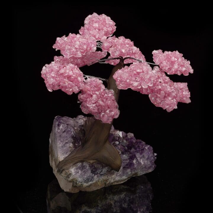 Rose Quartz Gemstone Tree on Amethyst Cluster Base - Image 3