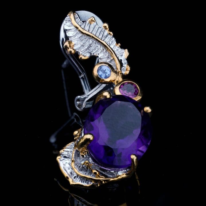 Amethyst, Rhodolite, and Tanzanite Drop Earrings // Sterling Silver and Gold Leaf - Image 6