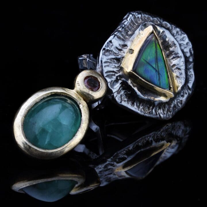 Ammolite, Chrome Tourmaline, and Pink Sapphire Drop Earrings - Image 3