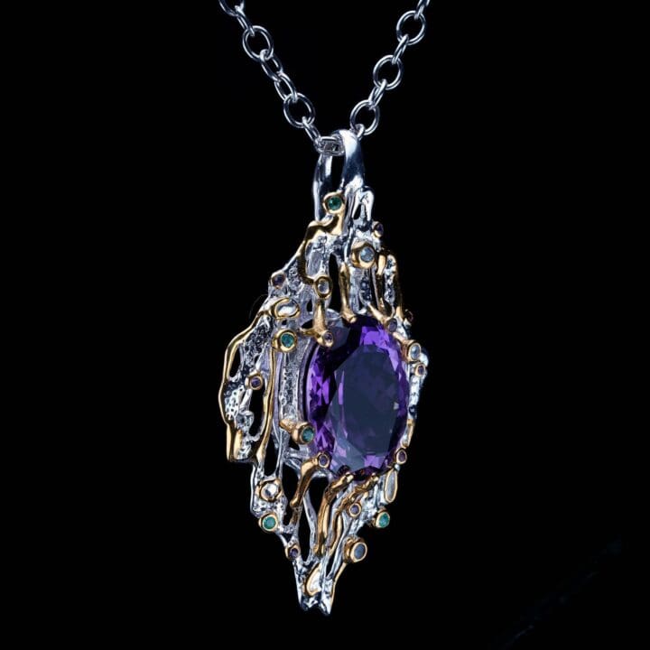 27 Carat Oval Cut Amethyst & Multi-Gemstone Pendant // Sterling Silver & 14K Gold - Image 4