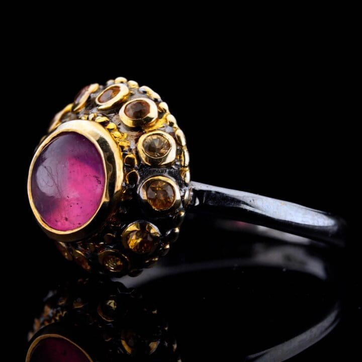Ruby Tentacle Ring // Cabochon Ruby with Yellow Sapphires in Sterling Silver and 14K Gold - Image 4