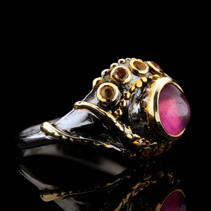Ruby Tentacle Ring // Cabochon Ruby with Yellow Sapphires in Sterling Silver and 14K Gold - Image 3