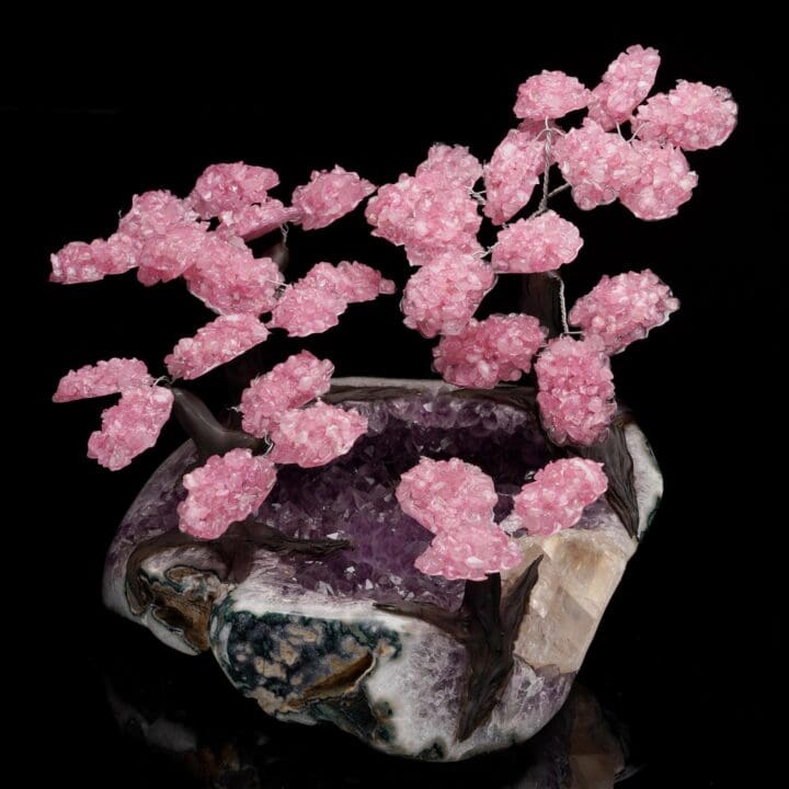 Large Rose Quartz Gemstone Tree on Amethyst With Selenite - Image 2