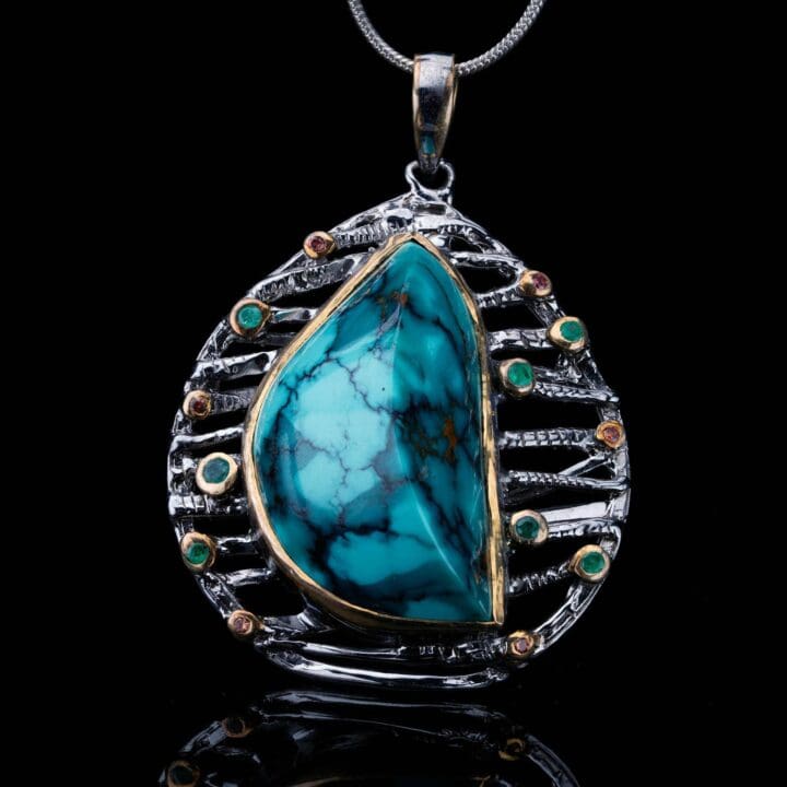 Turquoise Pendant With Emeralds and Rare Orange Sapphires // Sterling Silver and 14K Gold - Image 5