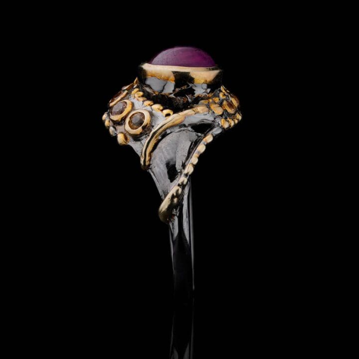 Ruby Tentacle Ring // Cabochon Ruby with Yellow Sapphires in Sterling Silver and 14K Gold - Image 5