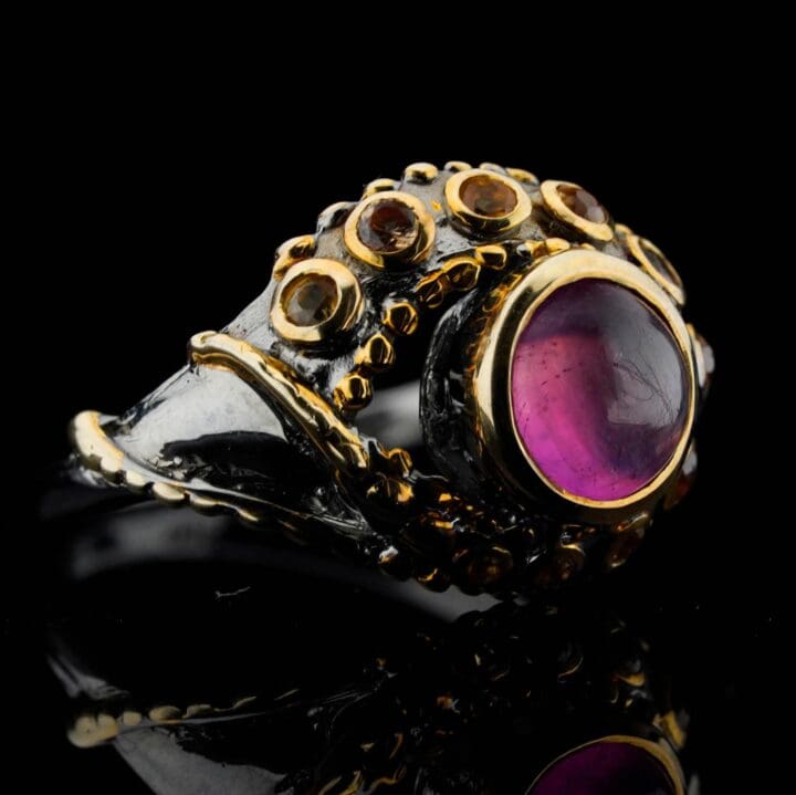 Ruby Tentacle Ring // Cabochon Ruby with Yellow Sapphires in Sterling Silver and 14K Gold