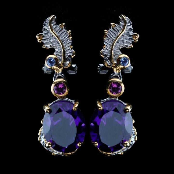 Amethyst, Rhodolite, and Tanzanite Drop Earrings // Sterling Silver and Gold Leaf