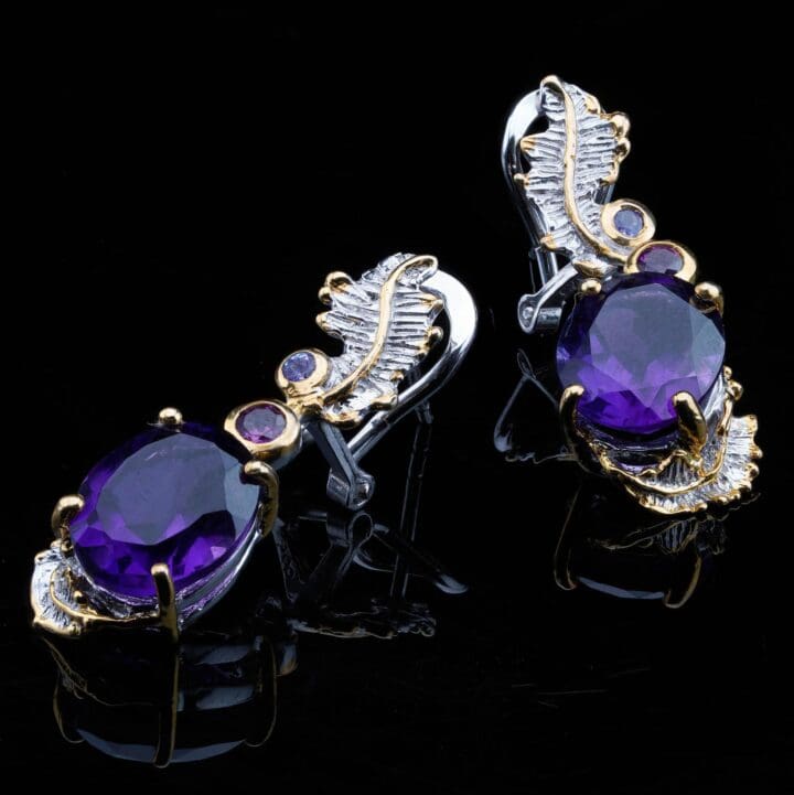 Amethyst, Rhodolite, and Tanzanite Drop Earrings // Sterling Silver and Gold Leaf - Image 2