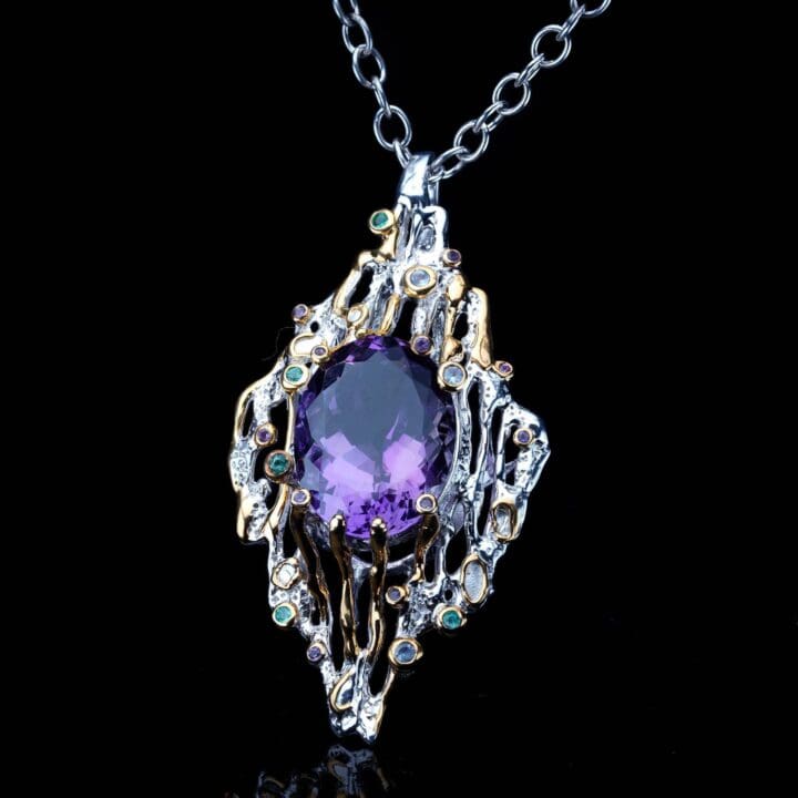 27 Carat Oval Cut Amethyst & Multi-Gemstone Pendant // Sterling Silver & 14K Gold - Image 5
