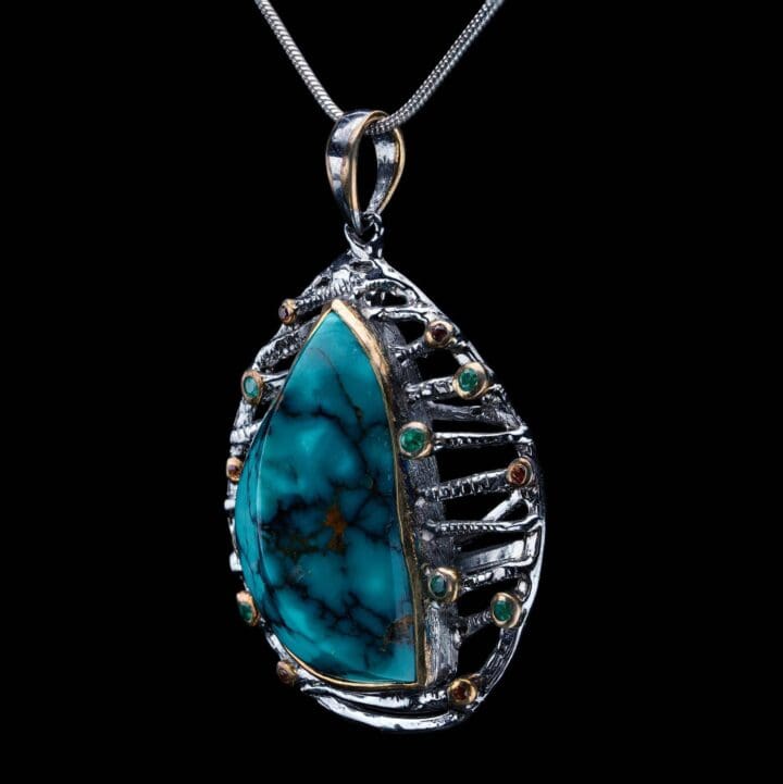 Turquoise Pendant With Emeralds and Rare Orange Sapphires // Sterling Silver and 14K Gold - Image 3