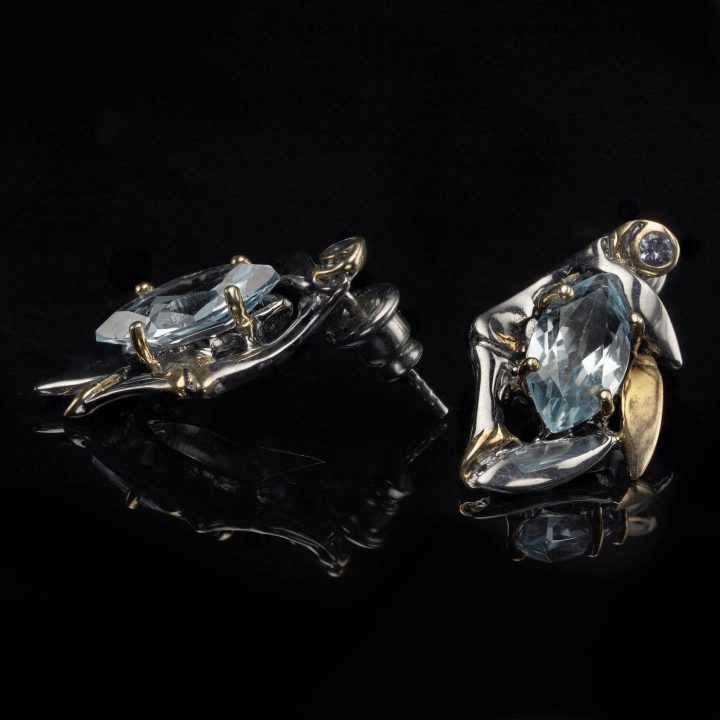 Aquamarine, Sapphire, Silver, and Gold-Plated Earrings - 15g - Image 3