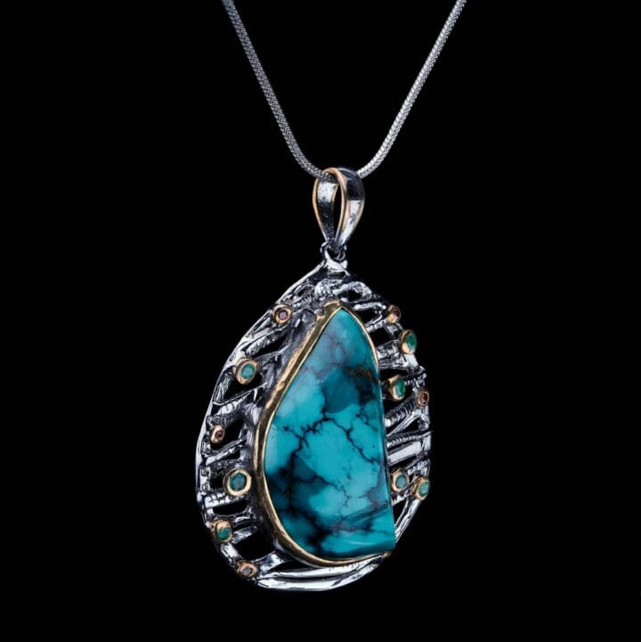 Turquoise Pendant With Emeralds and Rare Orange Sapphires // Sterling Silver and 14K Gold - Image 4