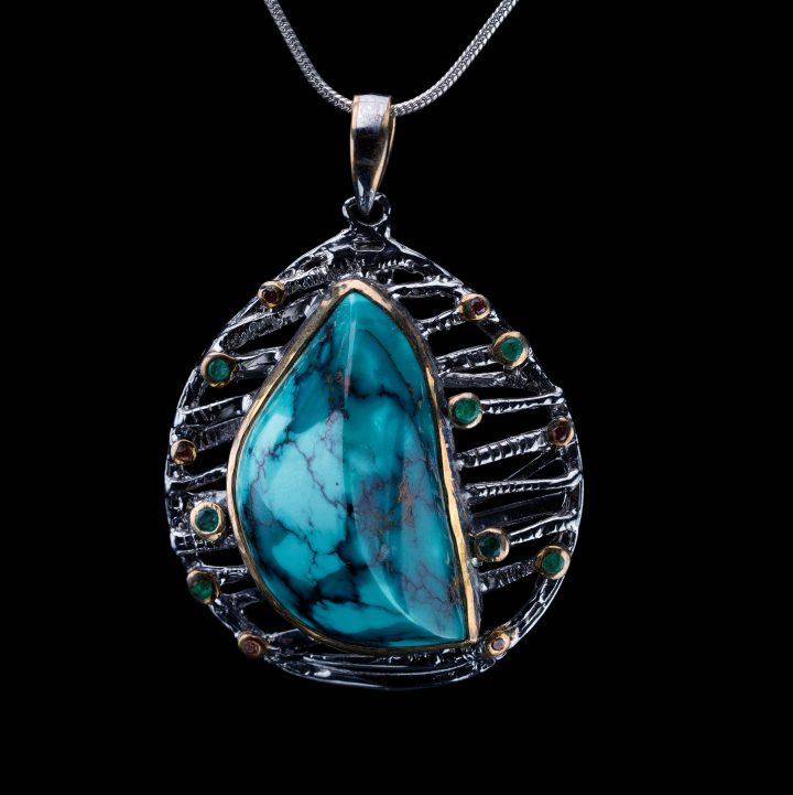 Turquoise Pendant With Emeralds and Rare Orange Sapphires // Sterling Silver and 14K Gold - Image 2