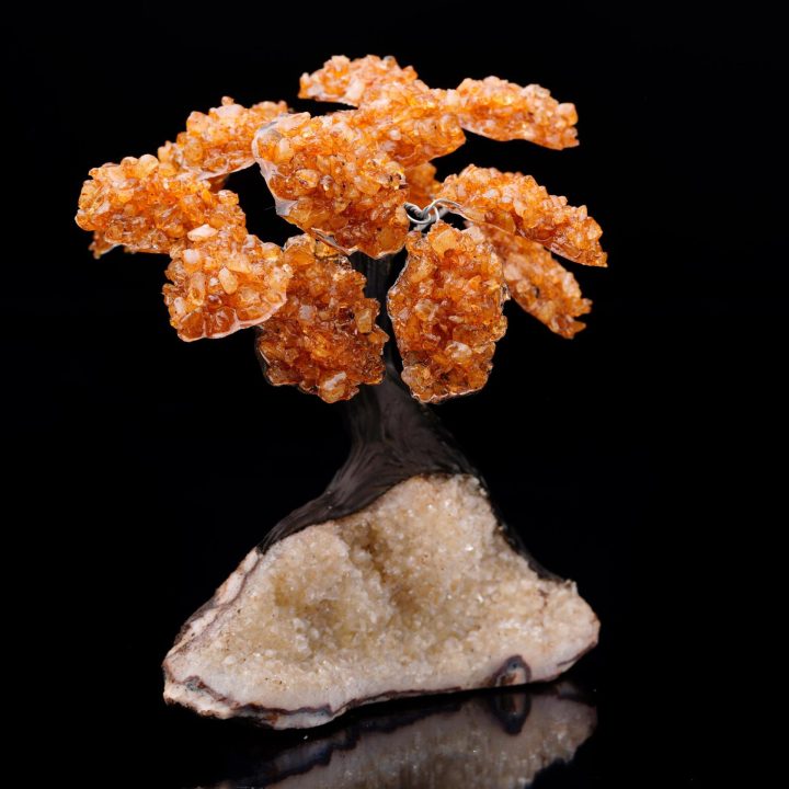 Handcrafted Citrine gemstone tree sculpture with Quartz base and clay trunk.