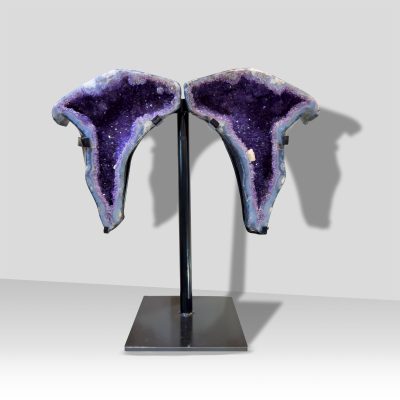 Amethyst geode wings on custom black metal stand