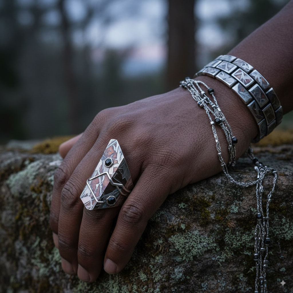Hand wearing meteorite jewelry rings and bracelets outdoors