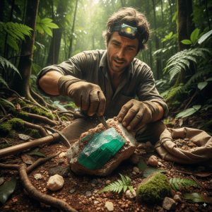 Man mining a large emerald crystal in the jungle