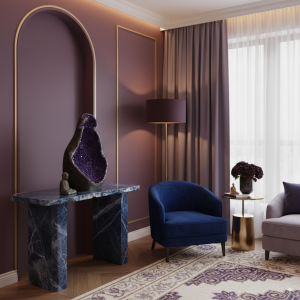 Large amethyst geode displayed in a modern living room interior