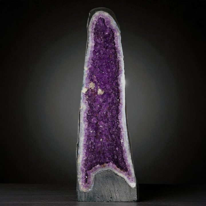 Amethyst cathedral geode with Calcite crystals – tall front view