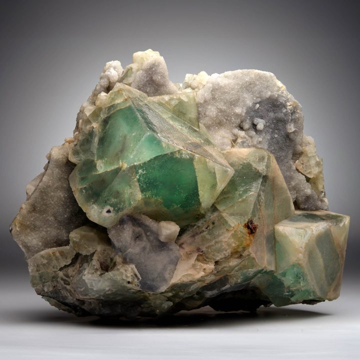 Large Green Fluorite cubes on Quartz matrix – Chinese mineral specimen