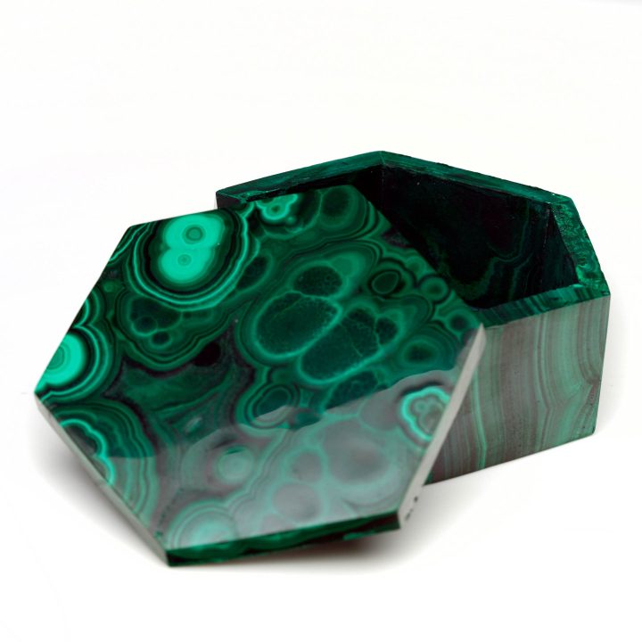 Hand-carved Malachite box with lid open