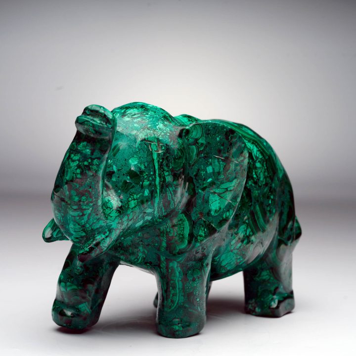 Hand-carved Malachite elephant angled view