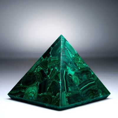 Handcrafted Malachite pyramid with polished green banding patterns