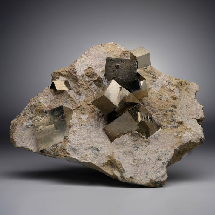 Large Pyrite cubes from Navajún, Spain on limestone host rock