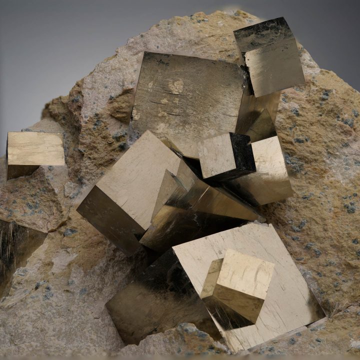 Detail view of Pyrite crystals with mirror-like faces from Spain