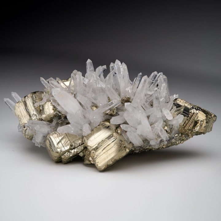 Quartz on Pyrite specimen from the Huanzala Mine, Peru