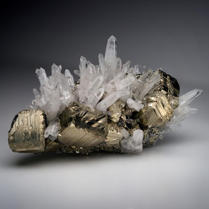 Side profile of Quartz on Pyrite cluster from Huanzala Mine