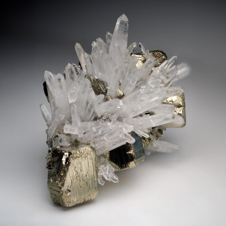 Quartz sprays over golden Pyrite cubes, Huanzala Mine specimen