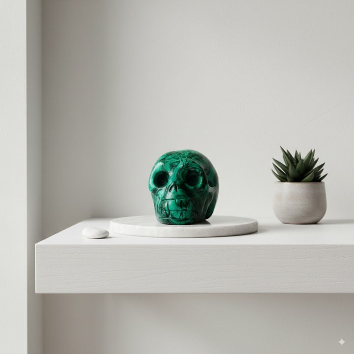 Hand-carved Malachite skull displayed on a minimalist shelf with succulent décor
