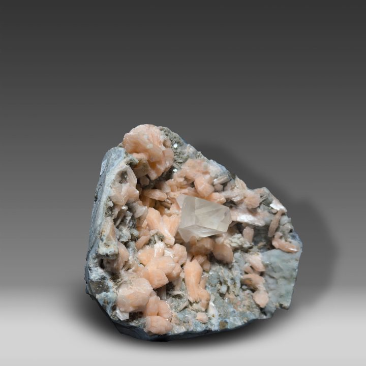 Calcite on Apophyllite with peach Stilbite cluster