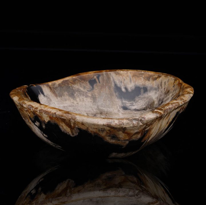 Polished fossil wood bowl with swirling mineral patterns from Indonesia