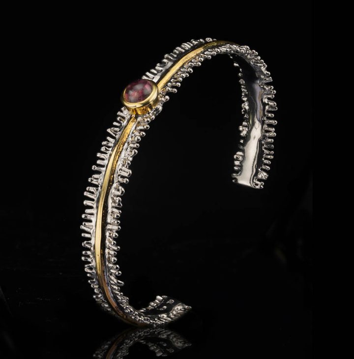 Handmade Sterling Silver Bracelet with Pink Tourmaline and Gold Accents