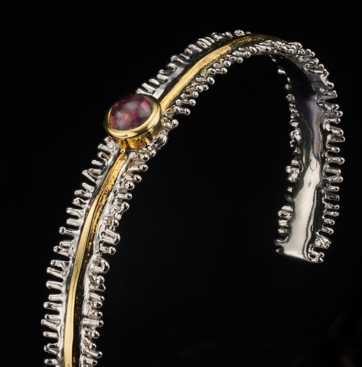Handmade Sterling Silver Bracelet with Pink Tourmaline and Gold Accents