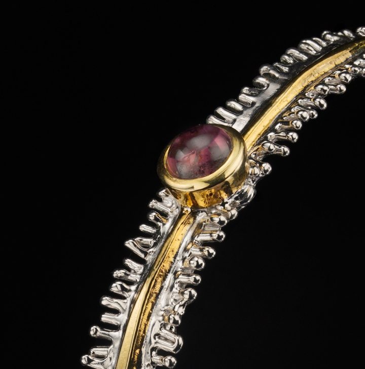 Handmade Sterling Silver Bracelet with Pink Tourmaline and Gold Accents