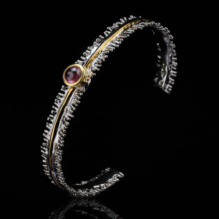Handmade Sterling Silver Bracelet with Pink Tourmaline and Gold Accents