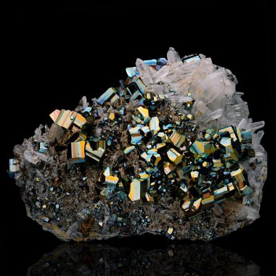 Large octahedral Pyrite crystals with Quartz and natural rainbow iridescence from trace Arsenopyrite, Indonesia
