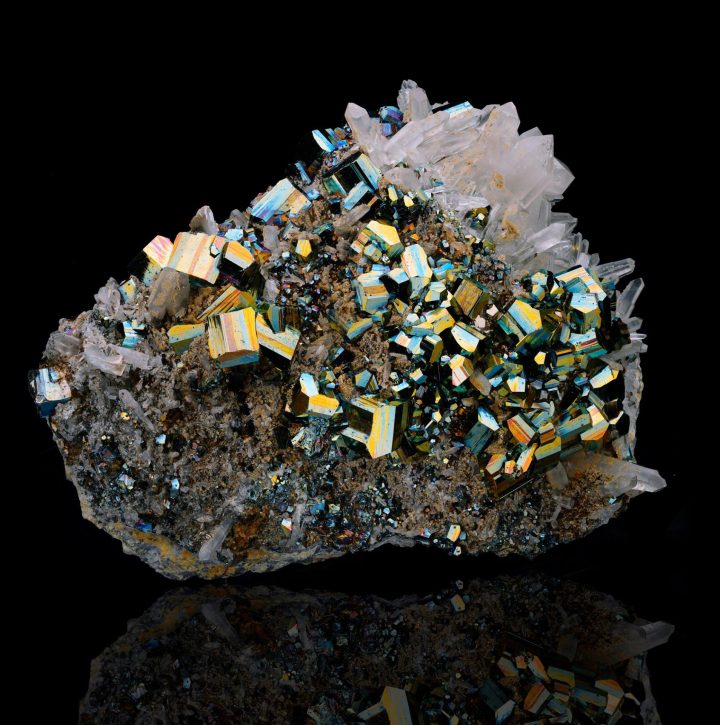 Iridescent octahedral Pyrite on Quartz from Indonesia, large 8.6 lb mineral specimen