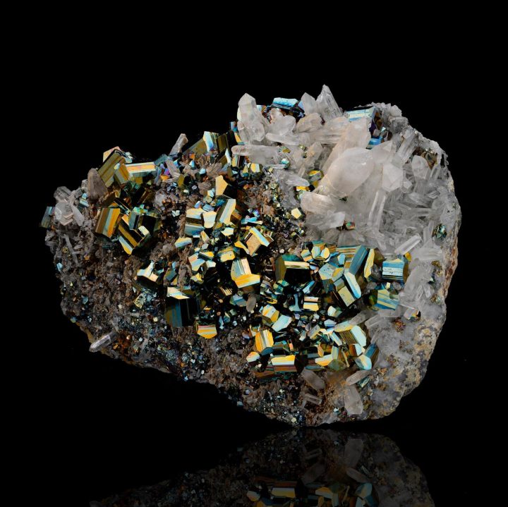 Octahedral Pyrite on Quartz with rainbow iridescence caused by trace Arsenopyrite, Indonesia