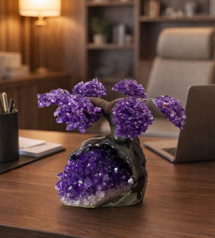 Healing Amethyst Gemstone Tree on Amethyst Crystal Base - Bonsai Home Décor