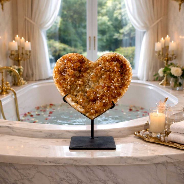 Beautiful Large Hand‑Carved Golden Citrine Heart on Custom Black Stand