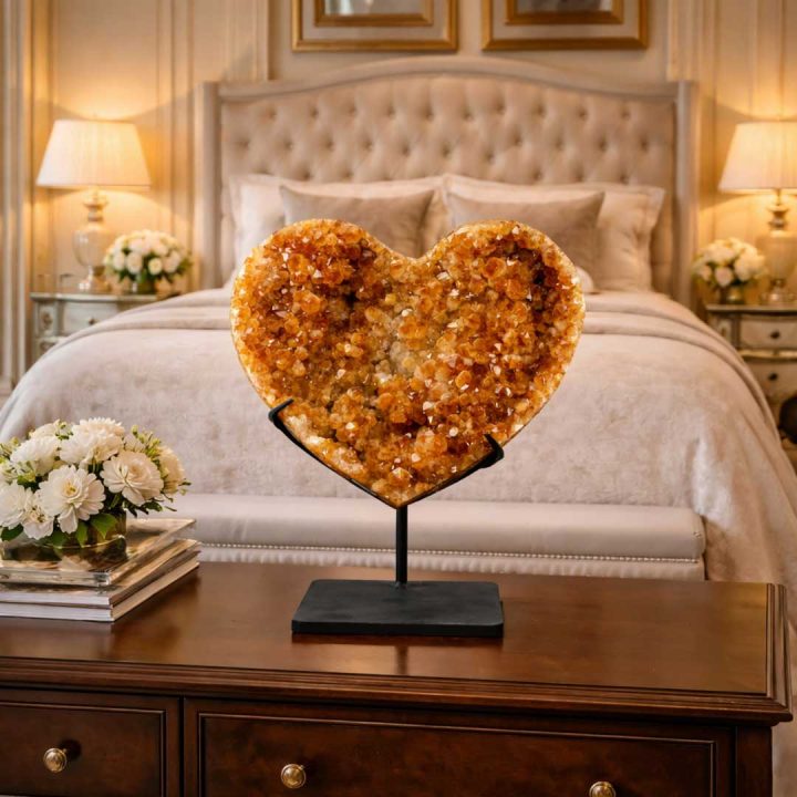 Beautiful Large Hand‑Carved Golden Citrine Heart on Custom Black Stand